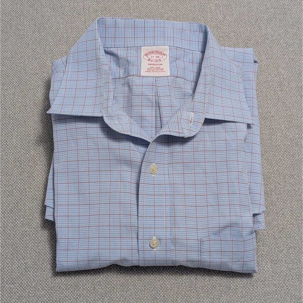 Brooks Brothers Dress Shirt Men's Blue 17-35 Madison Supima Non-Iron Check